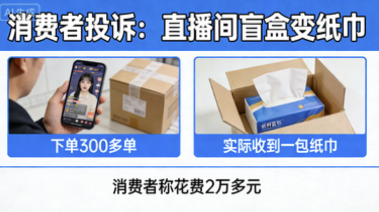 消费者称花2万多元在直播间下单300多单盲盒，收到的都是一包纸巾